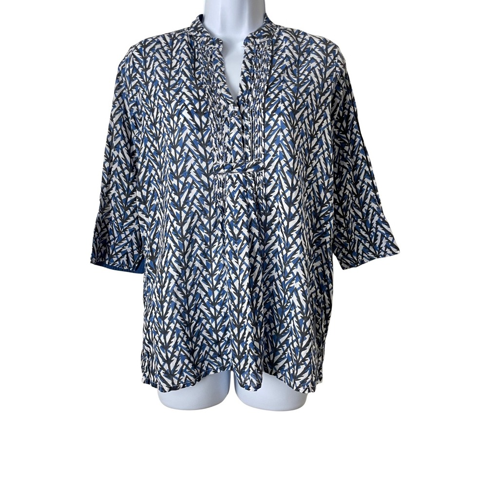 Roberta Roller Rabbit Top Womens XS Blue Black Geometric Cotton Pintuck Tunic